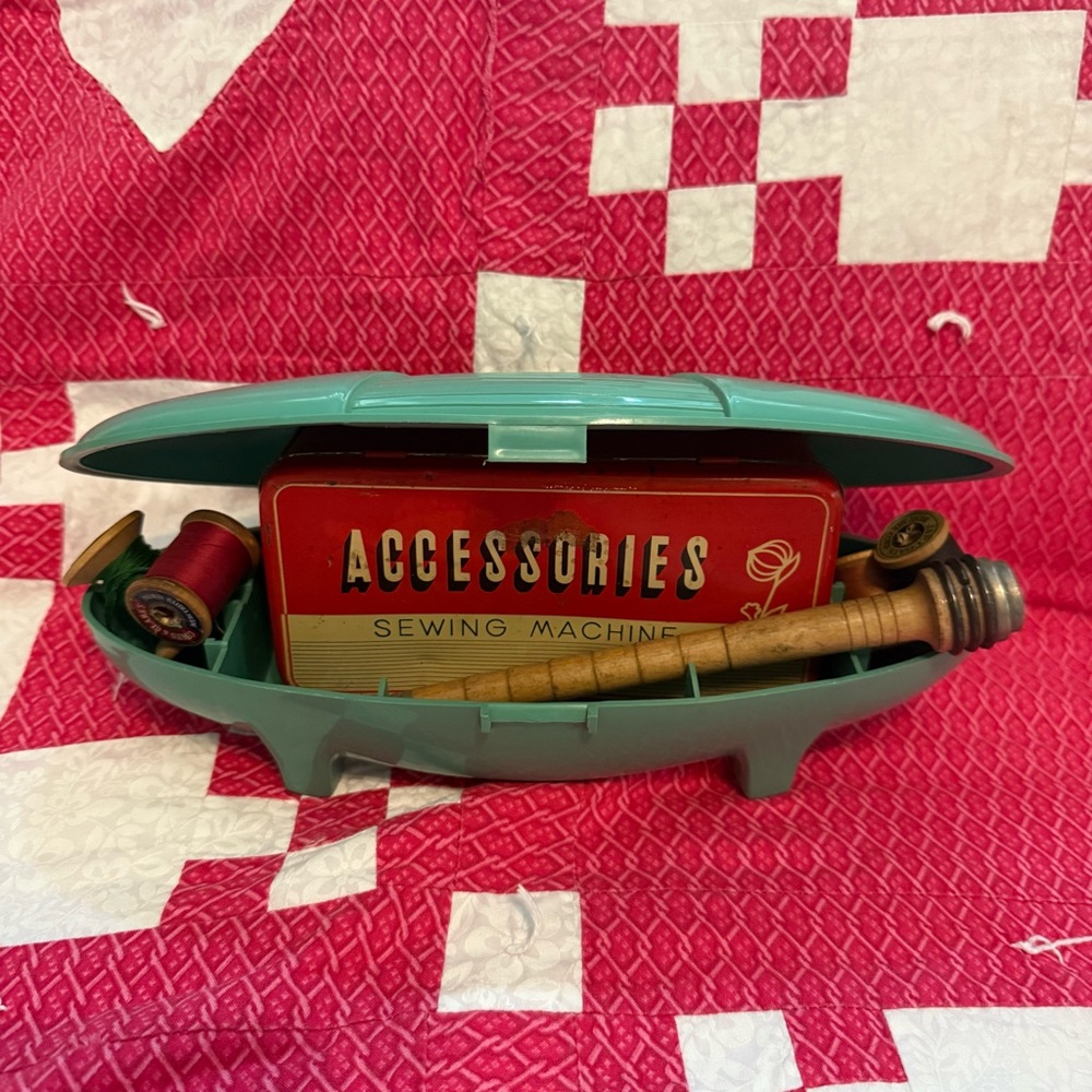 Vintage Singer Sewing Accessories Box in Teal bundle vignette  tin wood spool